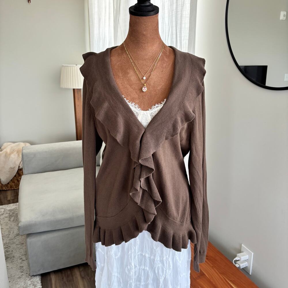 LOFT Brown Ruffle Knit Sweater Open Front Cardigan 100% Cotton Boho Size XL